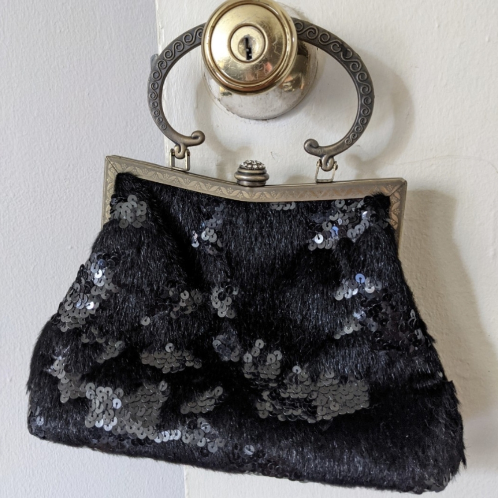 Black Sequin and Faux-Fur Holiday Purse w Bronze Hardware